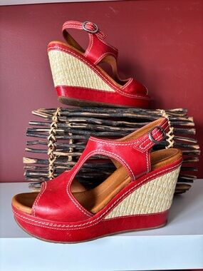 ANTHROPOLOGIE NAYA Red Eternal Wedge Platform Sandals with Ankle Strap